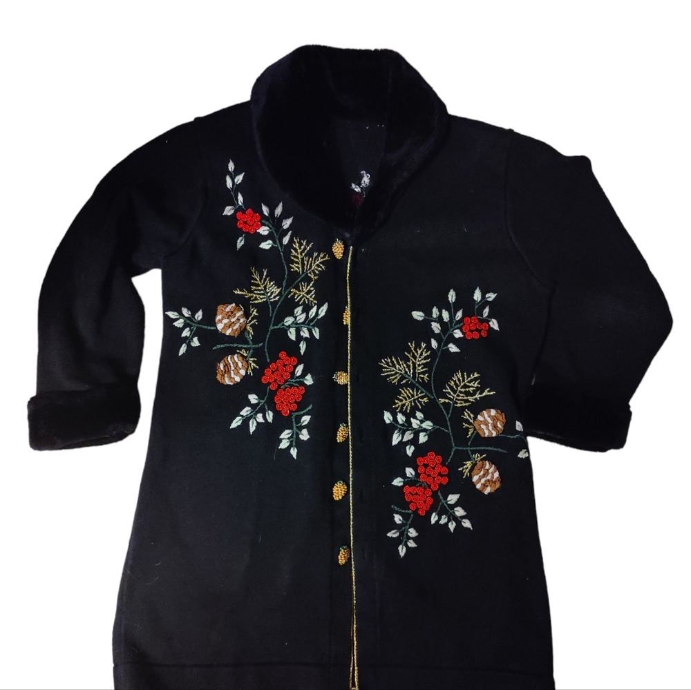 Winter Embroidered Knit 3/4 length Coat Sweater with Fur Color